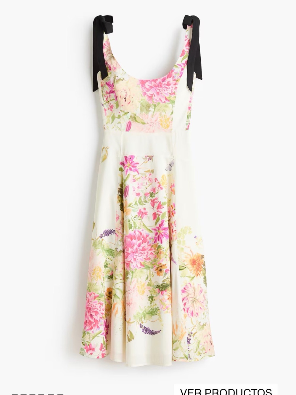 H&M Ivory Midi Dress with Pink Floral Print and Black Tie Straps